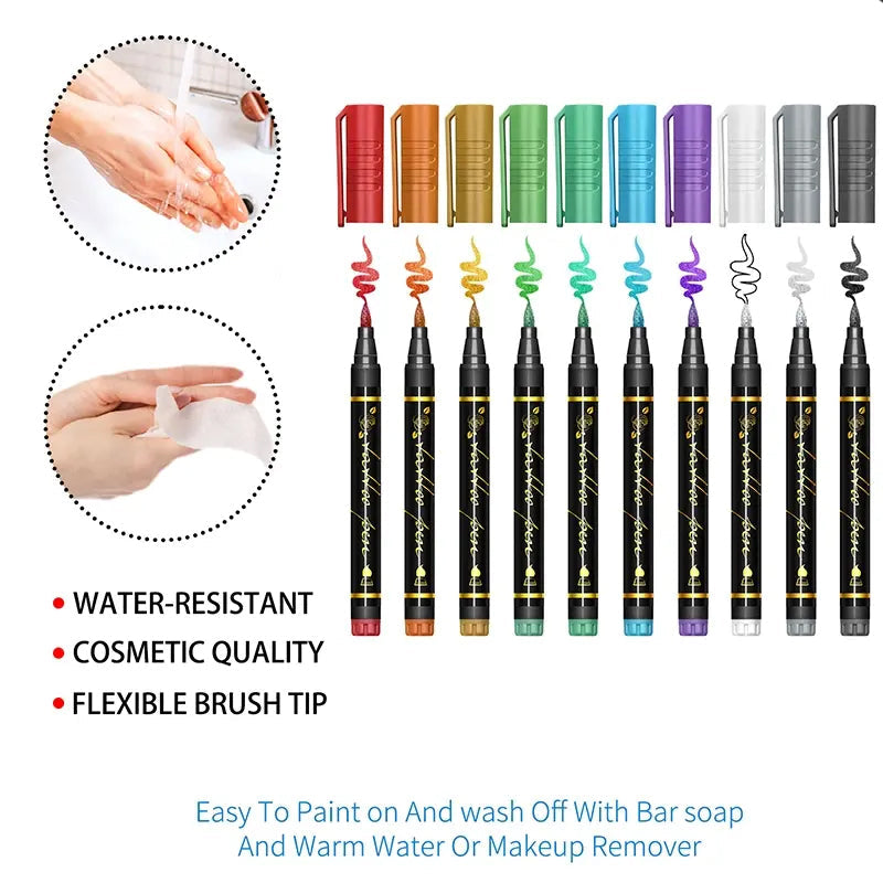 ⏳ Tidsbegränsat erbjudande ⏰🎨 Set med 10 pennor för tillfälliga tatueringar – pennor för kreativ kroppskonst ✨