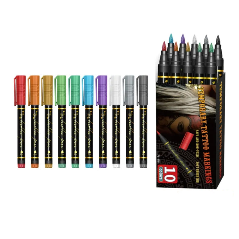 ⏳ Tidsbegränsat erbjudande ⏰🎨 Set med 10 pennor för tillfälliga tatueringar – pennor för kreativ kroppskonst ✨