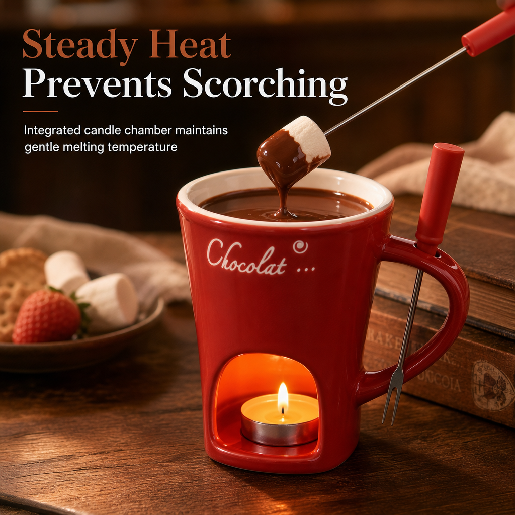 🍪Populært tilbud – 50 % RABAT☕ Keramisk fonduekrus til chokolade & ost med gaffel – perfekt til hyggelige aftener & gaver🍫