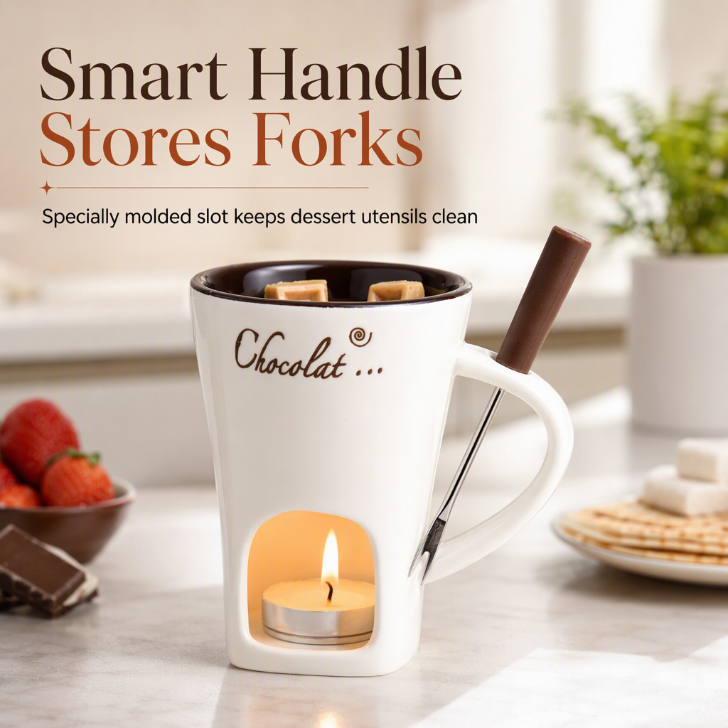 🍪Populært tilbud – 50 % RABAT☕ Keramisk fonduekrus til chokolade & ost med gaffel – perfekt til hyggelige aftener & gaver🍫