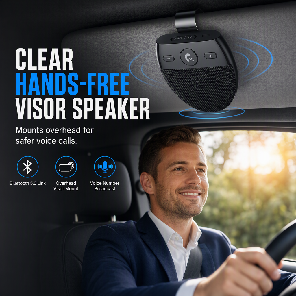 📢📢 50% RABATT🚗SP11 Bluetooth-handsfreehögtalare för bilens solskydd – vibrationsaktiverad automatisk start, A2DP-stöd och röstmeddelande för nummerpresentation