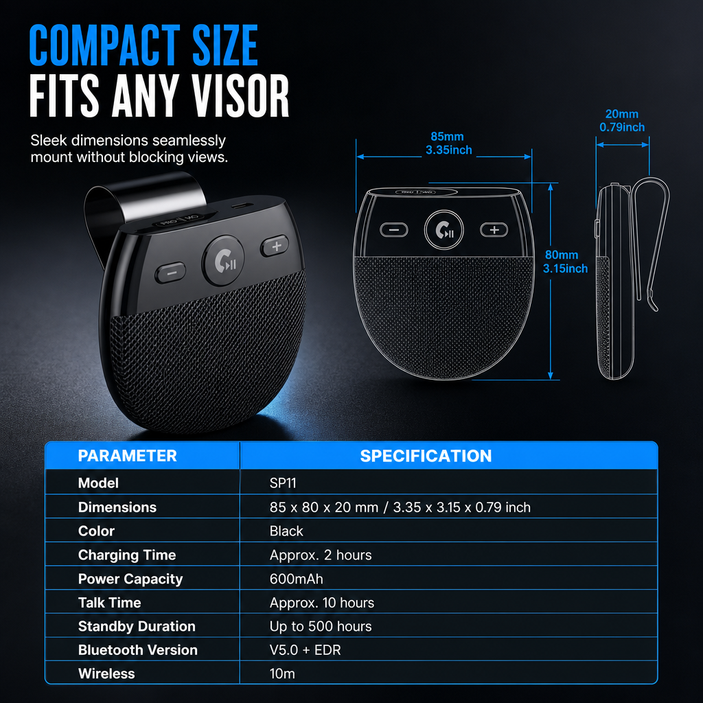 📢📢 50% RABATT🚗SP11 Bluetooth-handsfreehögtalare för bilens solskydd – vibrationsaktiverad automatisk start, A2DP-stöd och röstmeddelande för nummerpresentation