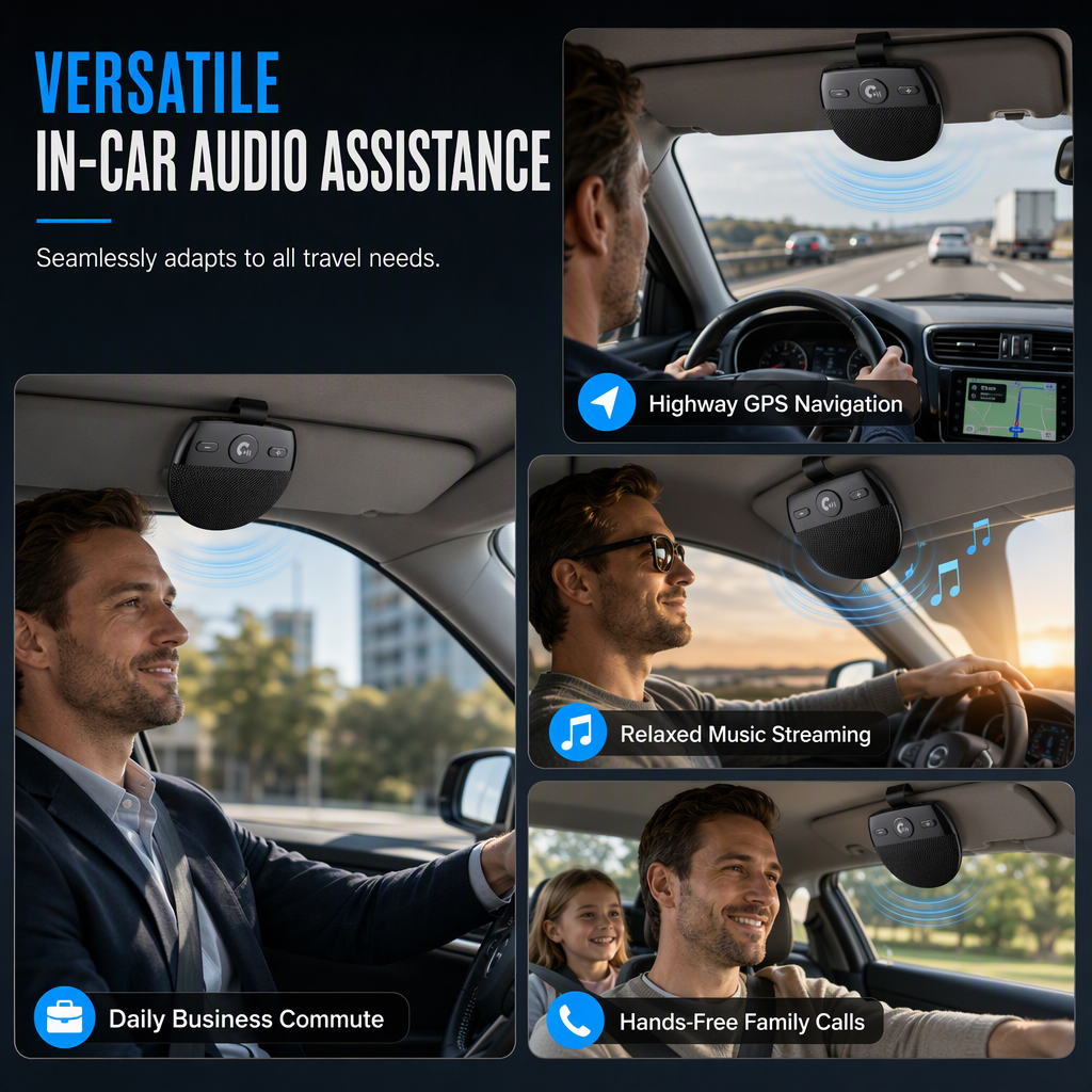 📢📢 50% RABATT🚗SP11 Bluetooth-handsfreehögtalare för bilens solskydd – vibrationsaktiverad automatisk start, A2DP-stöd och röstmeddelande för nummerpresentation
