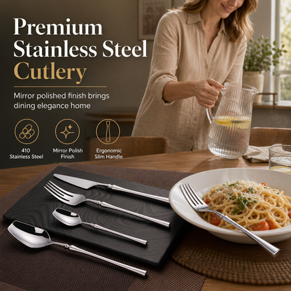 Bestickset i 304 rostfritt stål med smal design – elegant set med knivar, gafflar och skedar för hemmet
