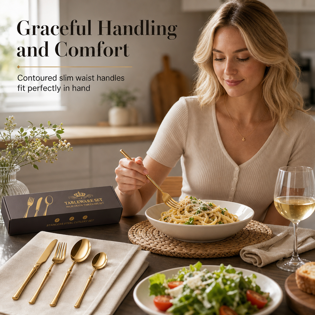 Bestickset i 304 rostfritt stål med smal design – elegant set med knivar, gafflar och skedar för hemmet