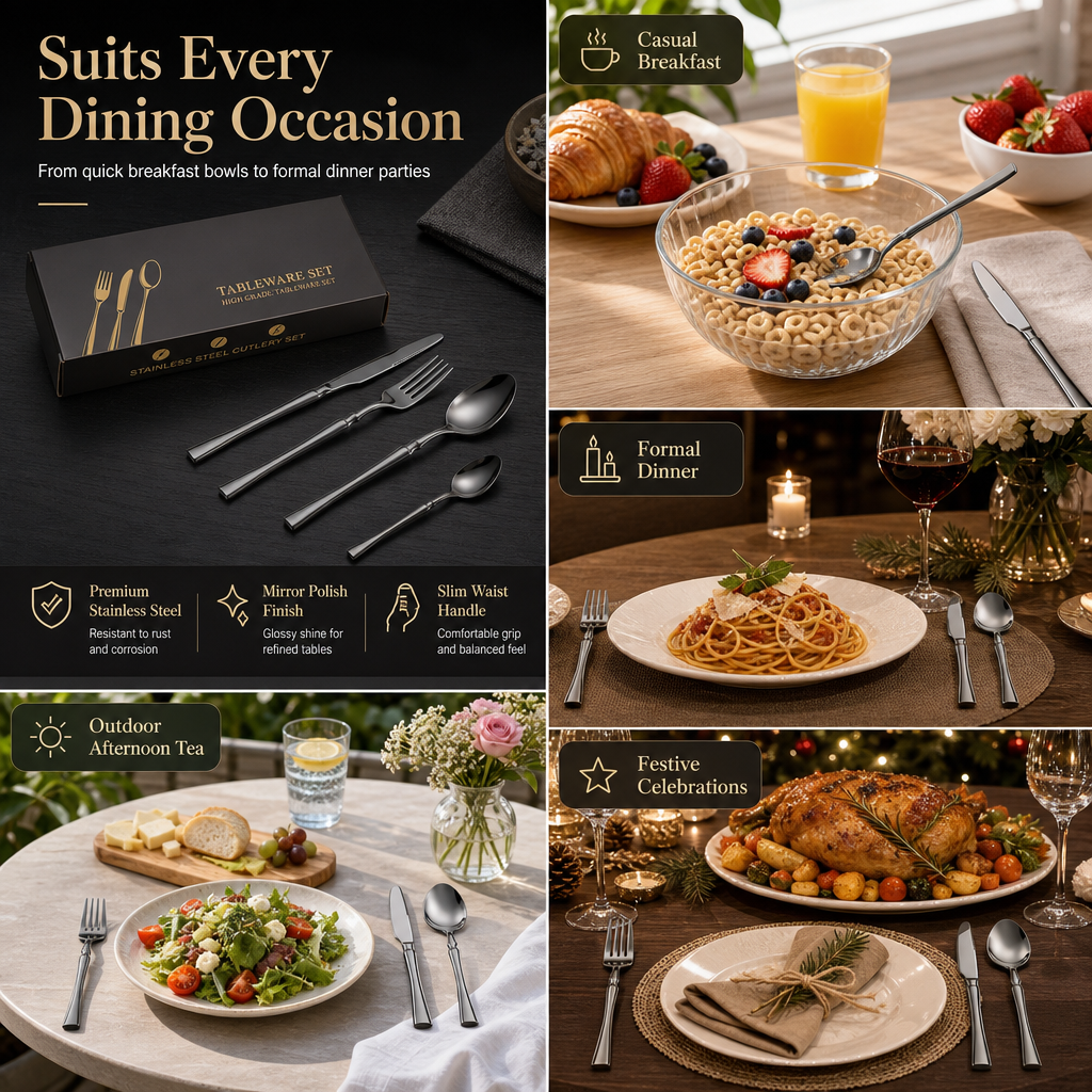 Bestickset i 304 rostfritt stål med smal design – elegant set med knivar, gafflar och skedar för hemmet