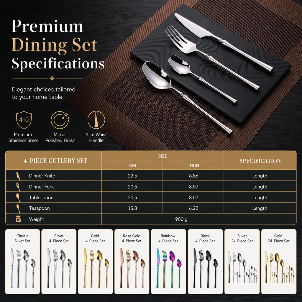 Bestickset i 304 rostfritt stål med smal design – elegant set med knivar, gafflar och skedar för hemmet