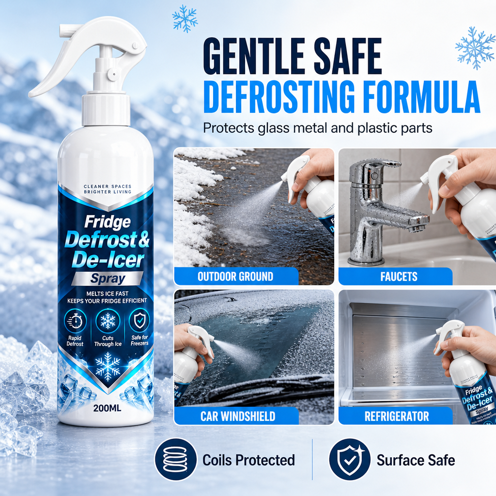 ❄️【Multifunktionell snabbavfrostningsspray】—— Ett sprut, 💨så smälter isen av sig själv – du slipper skrapa isen ur kylskåpet och skrapa isen från bilrutorna! ✨