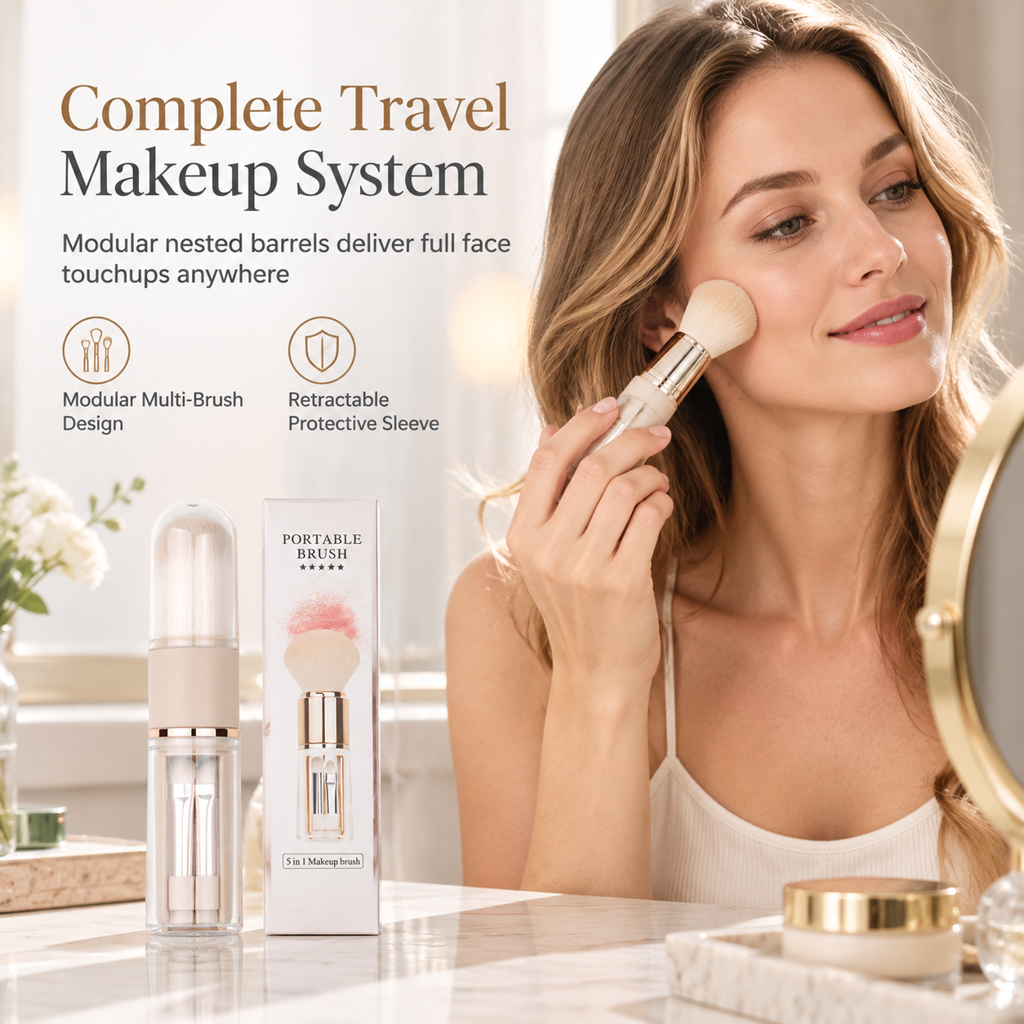 🖌️SISTA REA-DAGEN – 60% RABATT!!📢 Portabel utdragbar makeupborstset – multifunktionellt reseverktyg med puderborste, rougeborste och silikonborste för läppar