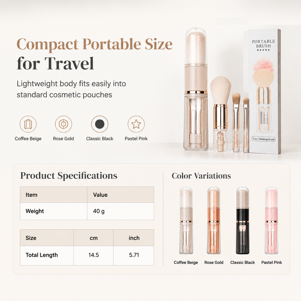 🖌️SISTA REA-DAGEN – 60% RABATT!!📢 Portabel utdragbar makeupborstset – multifunktionellt reseverktyg med puderborste, rougeborste och silikonborste för läppar