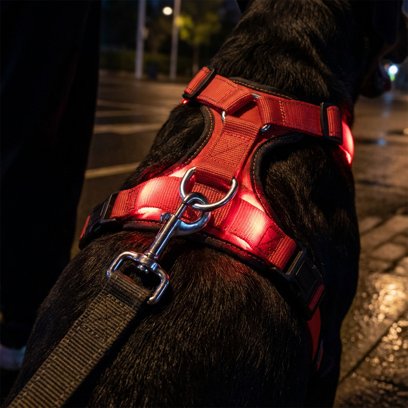 LED-lysande hundsele för promenader i mörker