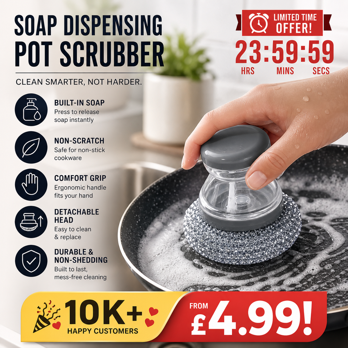 🛒🧽 50 % RABATT NU! ✨ Rengöringsborste med Inbyggd Tvål – Enkel Diskning av Grytor & Pannor Utan Onödigt Kladd