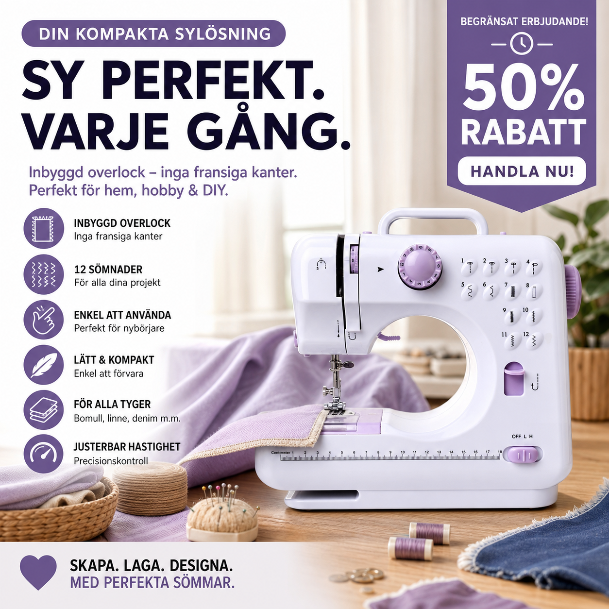Multifunktionell symaskin med overlockstygn
