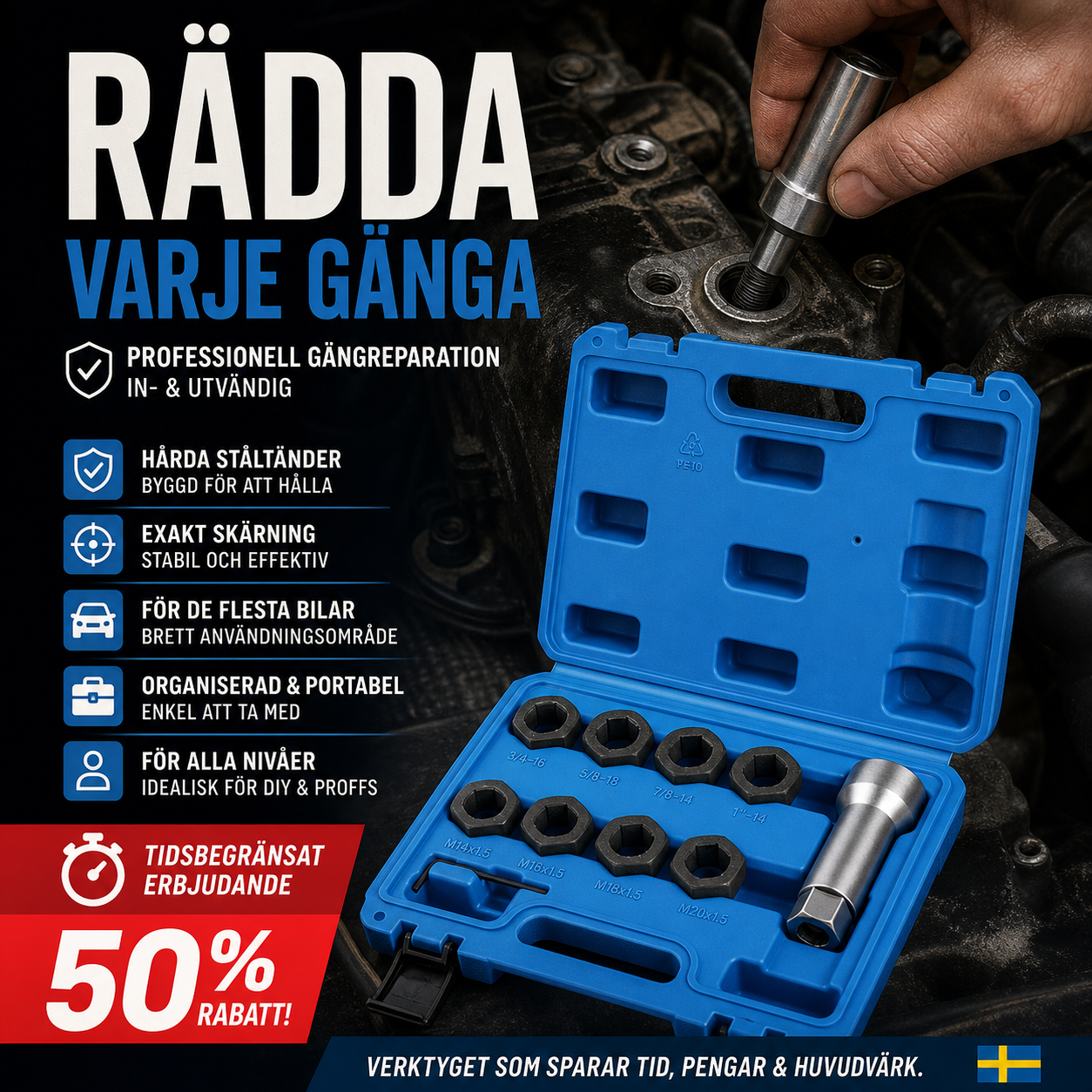 10-delars verktygssats för reparation av skruvgängor i fordon