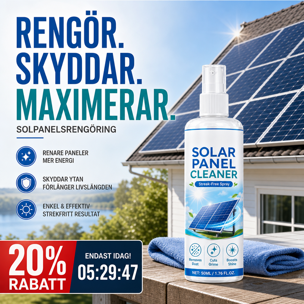 🛒 50% RABATT NU! ☀️ Avancerad rengöringsspray för solpaneler – Effektiv borttagning av smuts & bättre energiutbyte – Lättanvänd utomhusprodukt 💧