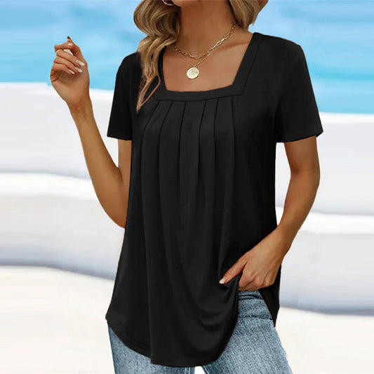 Vierkant Hals Effen Kort Mouw T-shirt - Chique & Elegante Stijl